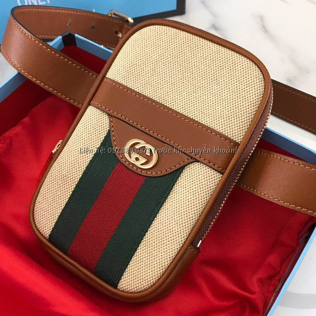 Ảnh  TÚI GUCCI GUCCI BELT BAG MÀU KEM VẢI Size Small khóa vàng viền nâu trơn