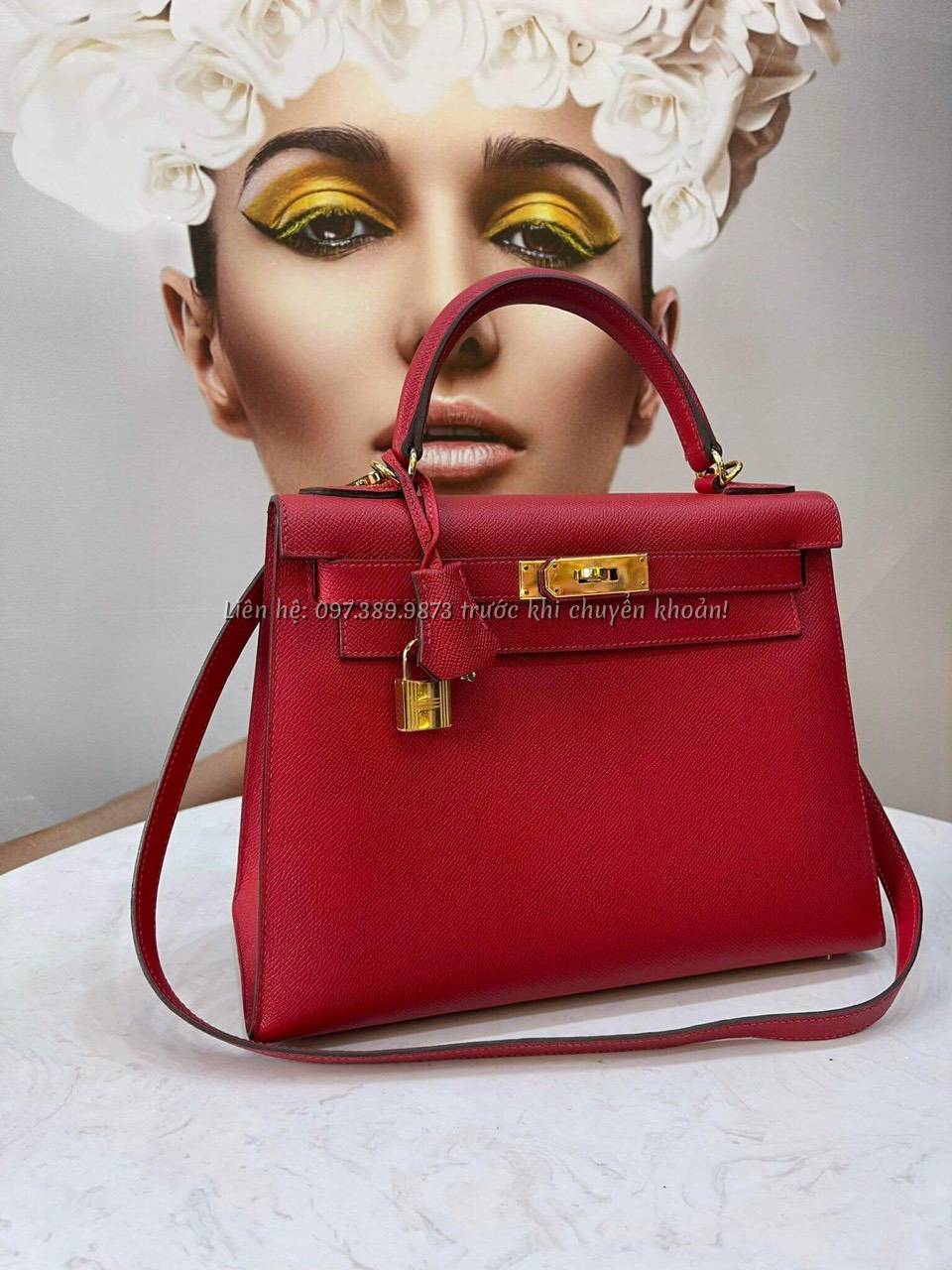 Ảnh Túi HERMES Kelly 28 Màu Đỏ Da Epsom Khóa Vàng