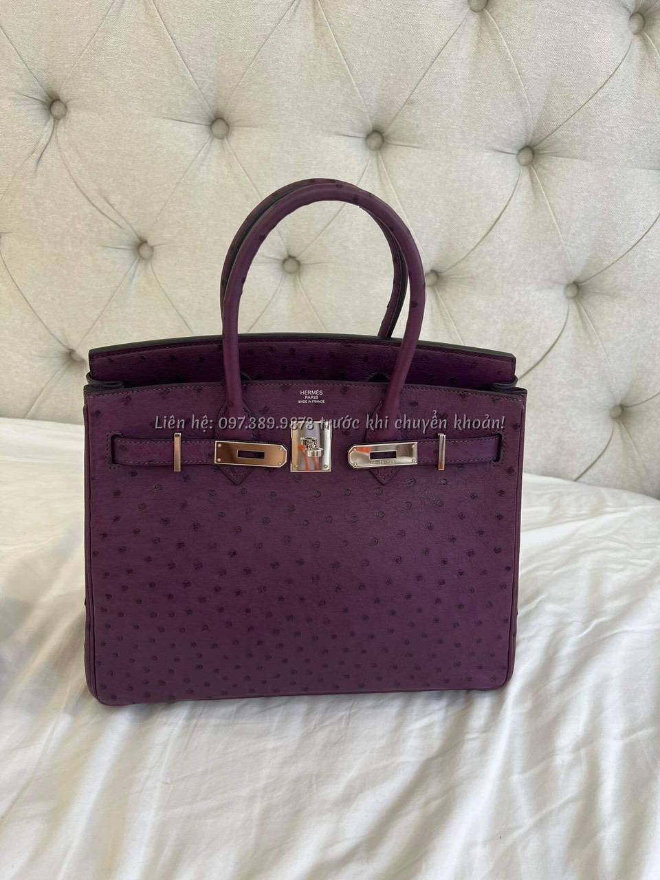 Ảnh Túi Birkin B30 Ostrich Anemone PHW Màu Tím New 99%