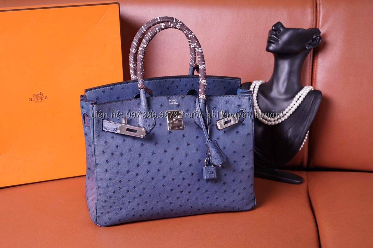 Ảnh Túi hermes Birkin màu xanh da đà điểu khoá trắng 