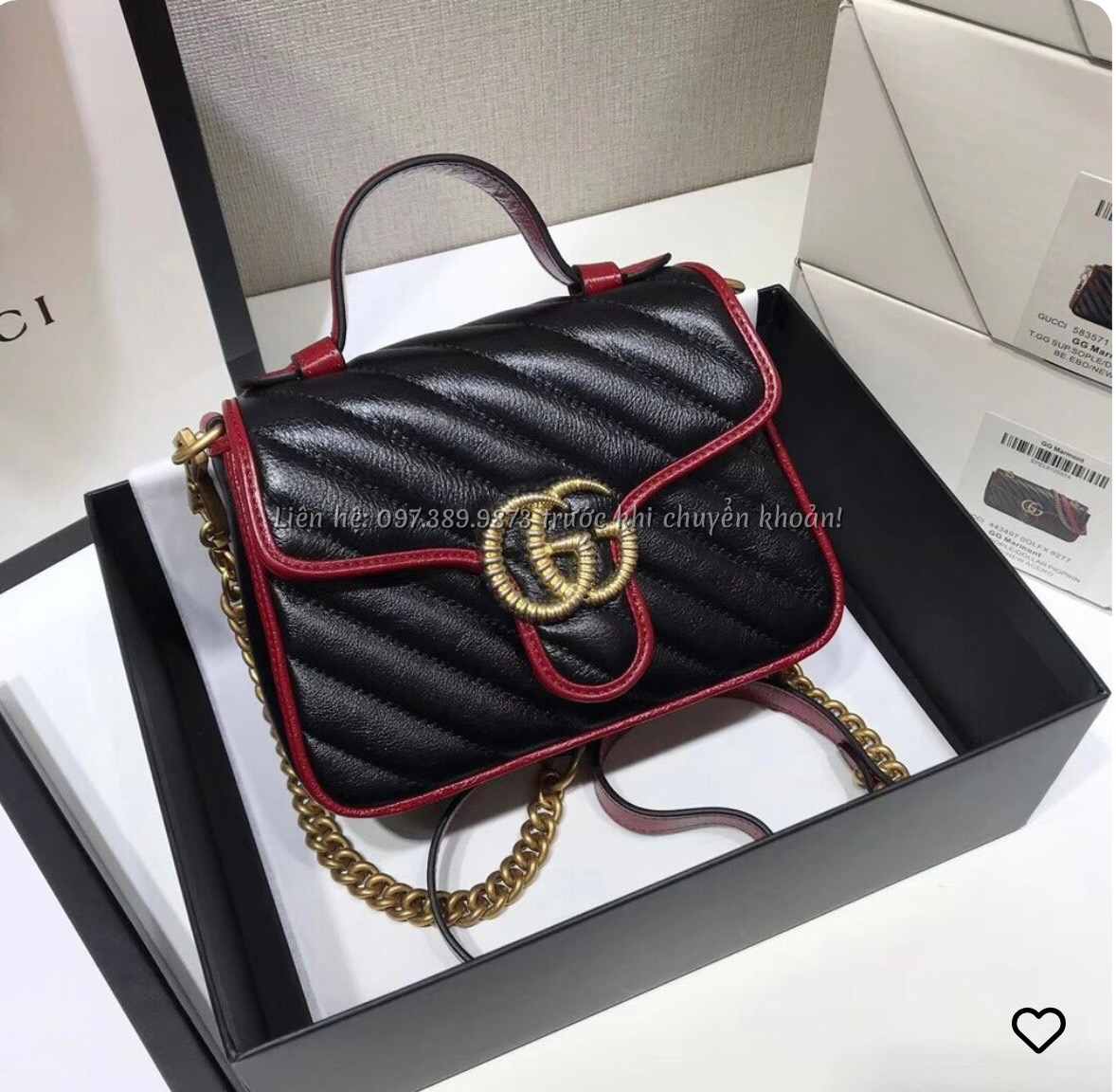 Ảnh TÚI GUCCI GUCCI MARMONT HANDLE MÀU ĐEN DA TRƠN VIỀN ĐỎ. XÍCH VÀNG